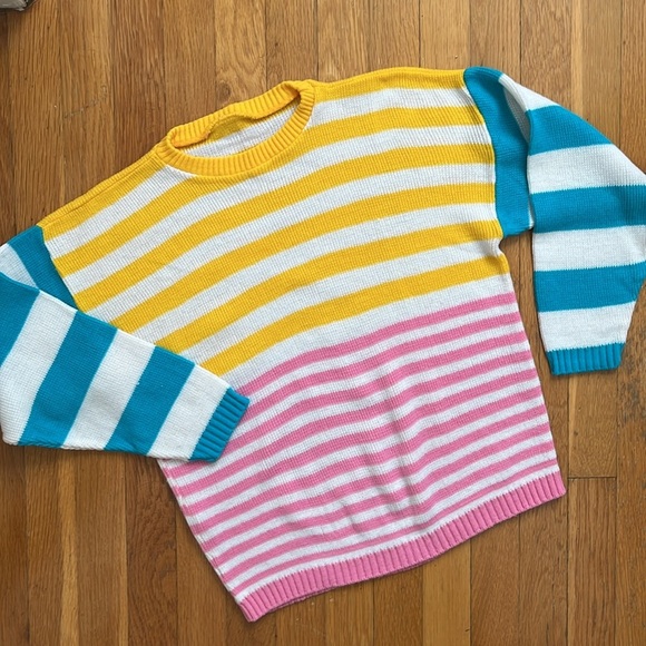 Colorful 80s Acrylic Striped Sweater Made in USA XS/S Crewneck Knit Pullover - Picture 4 of 11